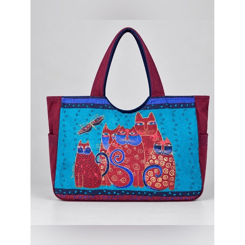 Vintage Laurel Burch Feline Family Cat Canvas Tote Bag Cat Lady Folk Art